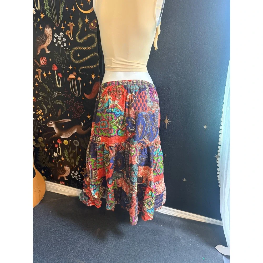 Bobbie Brooks Paisley Patchwork Tiered Midi Skirt Red Multi Cotton Small 6